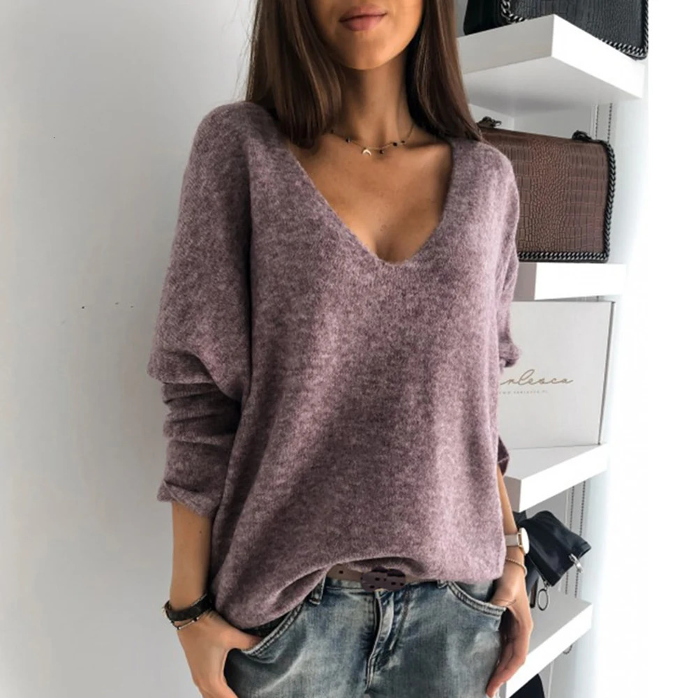 Women Elegant V Neck Knitted Pullover Vintage Long Sleeve Loose Sweater Casual Solid Wild Jumpers Knitting Tops 250211