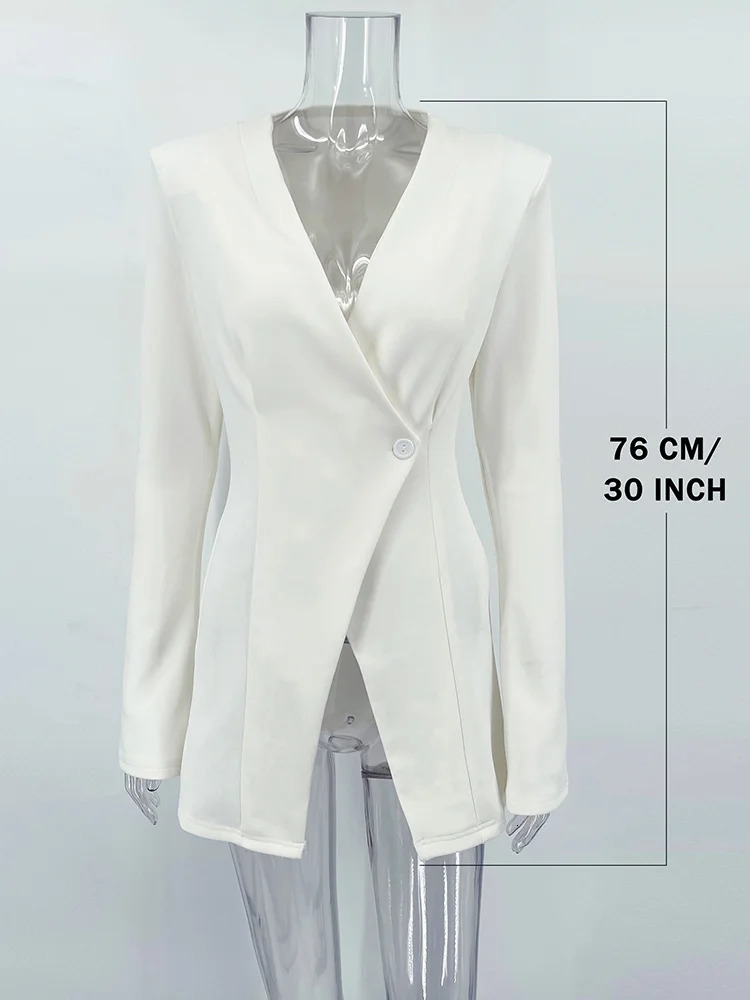 TARUXY Slim White Button Blazer Coat For Women V Neck Long Sleeve Office Lady Coat Slit High Waisted Outwear Autumn Winter 250210