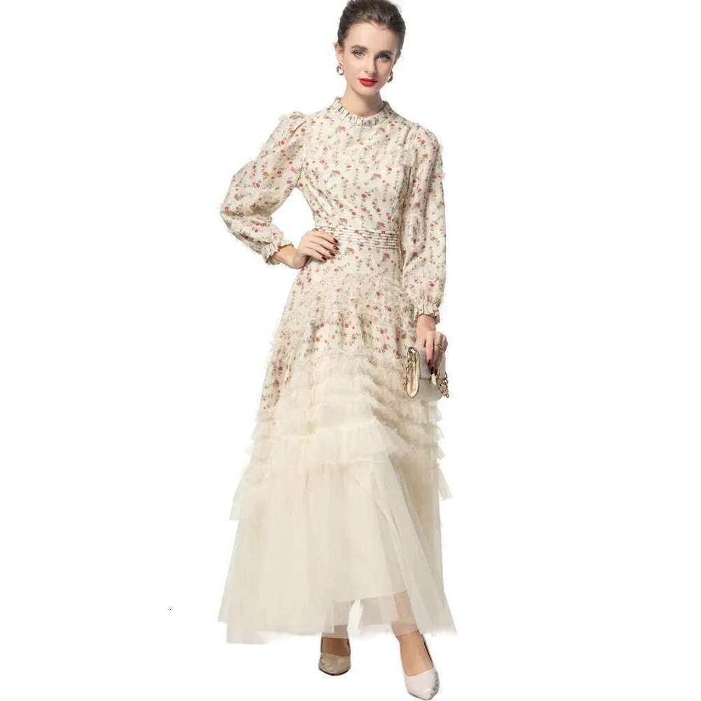 Elegant Women's Printing Lace Design Dresses Round Neck High Waist Long Sleeve Evening Dress Spring 2025 New