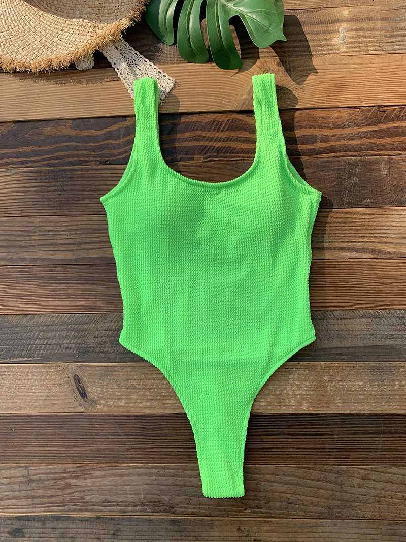 One Piece Swimsuit for Women 2024 New Ribbed Monokini Swimwear Solid Neon Green Bathing Suit Beach Outfits Womens Swim WearT250214
