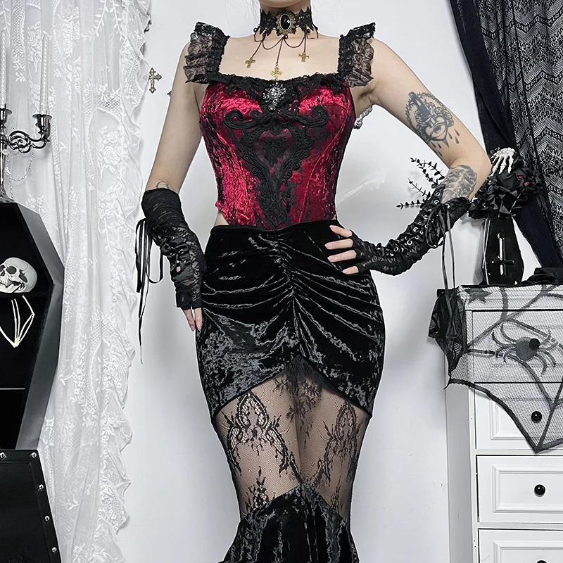 Womens Gothic Halfbody Skirt Sexy Seethrough Spice Girls Long Temperament Velvet Lace Splicing Half 250211