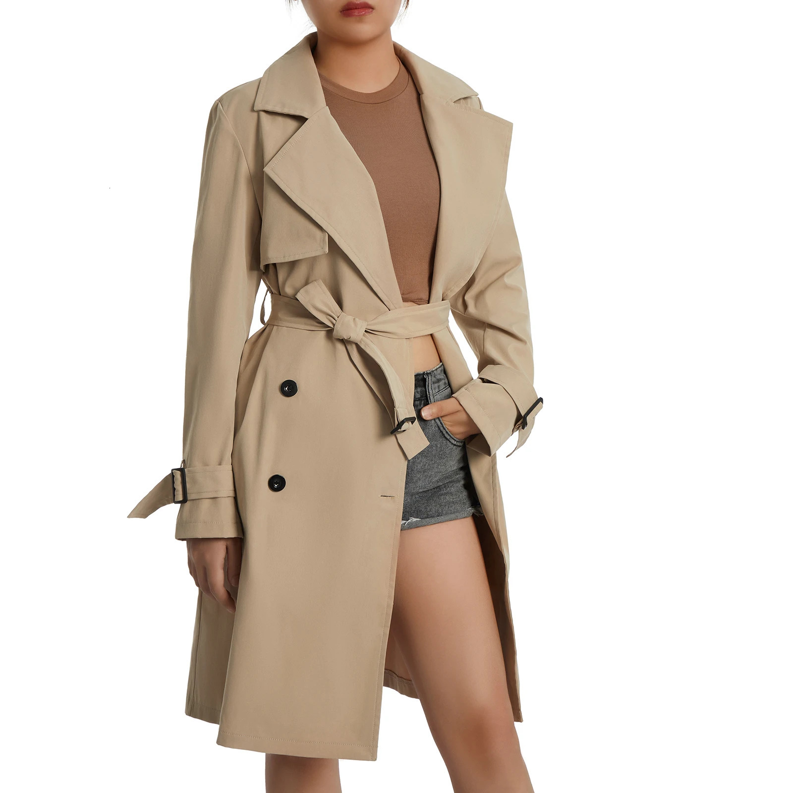 Fashion Women Casual Solid Color Coat Adults Autumn Elagant Long Sleeve Lapel Neck Double Breasted Belted Trench Coat 250214
