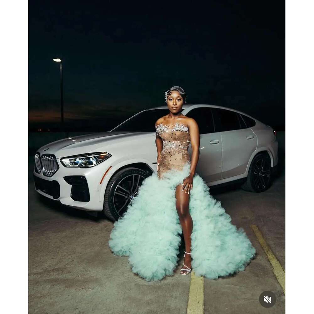 Sexy Customized Mint Puffy Tiered Ruffle Mermaid Prom Dress For Black Girls Crystals Rhie Beaded Formal Party Gowns YPD mal