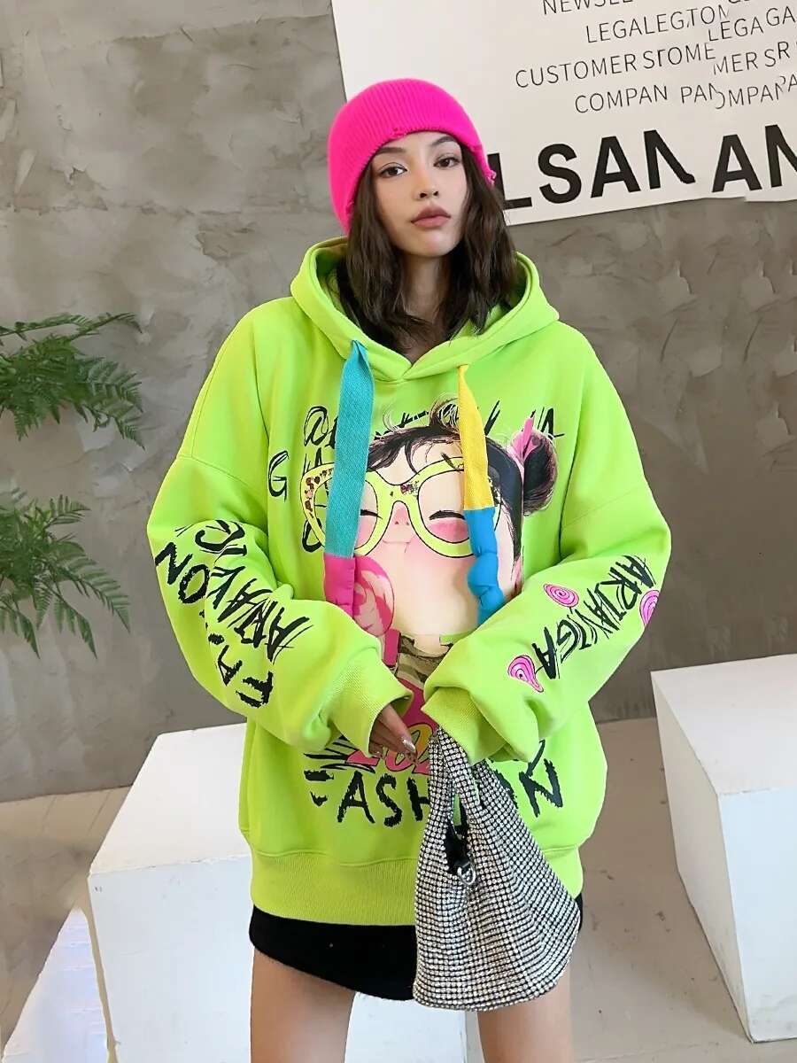 Cartoon Graffiti Plush Thickened Oversized Hoodie Sweatshirt Women Y2k Clothes 2024 Winter Casual Pullover Long Sleeve Tops Bust