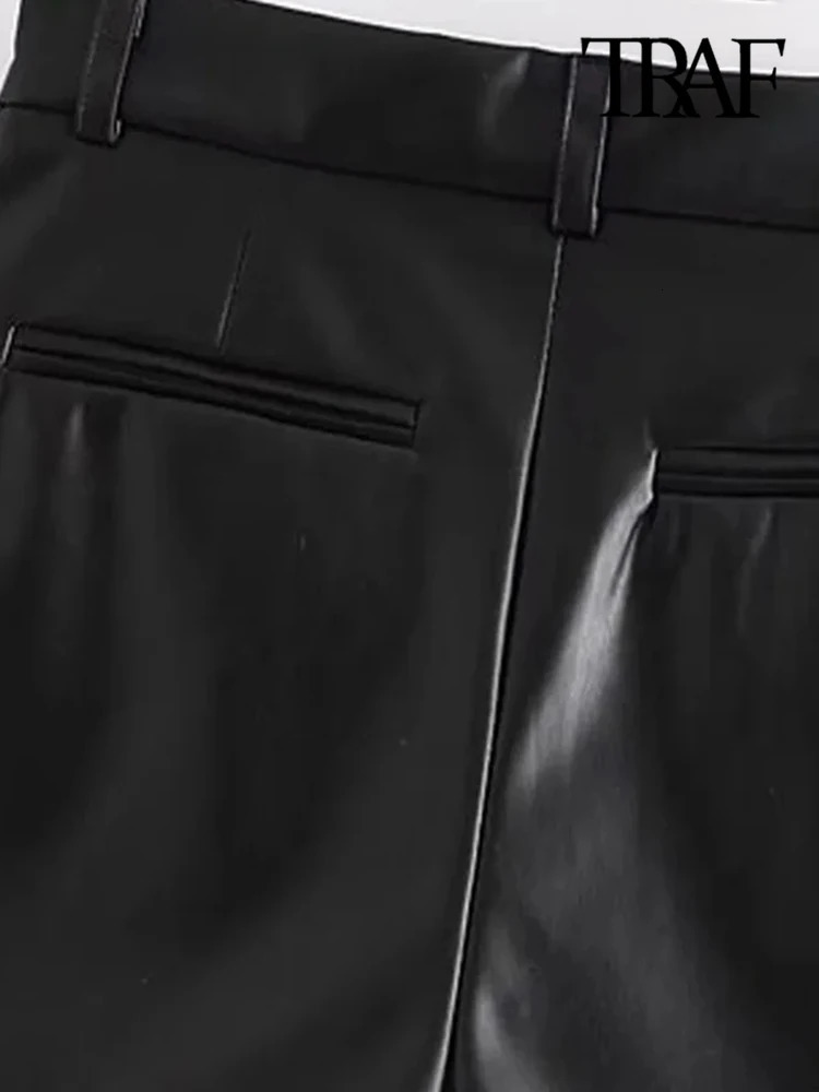 TRAFWomens Faux Leather Shorts with Side Pockets High Waist Zipper Fly Female Short Pants Chic Fashion 250213