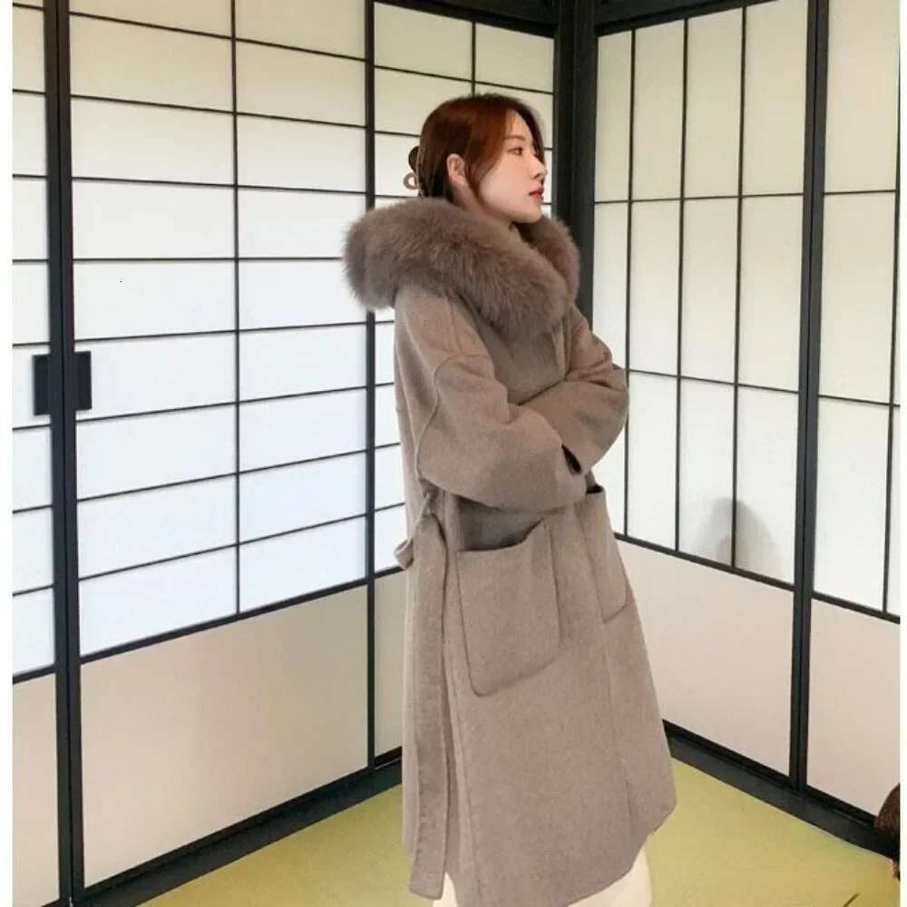 Real Outerwear Wool Blends Coat Natural Fox Fur Collar Hooded Cashmere Winter Jacket for Women Streetwear High Street
