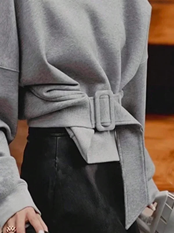 Modigirl Winter Fall Womens Hoodies Pullovers Gray Belt Buckle Round Neck Long Sleeves Sweatshirts Tops Female Spring 250213