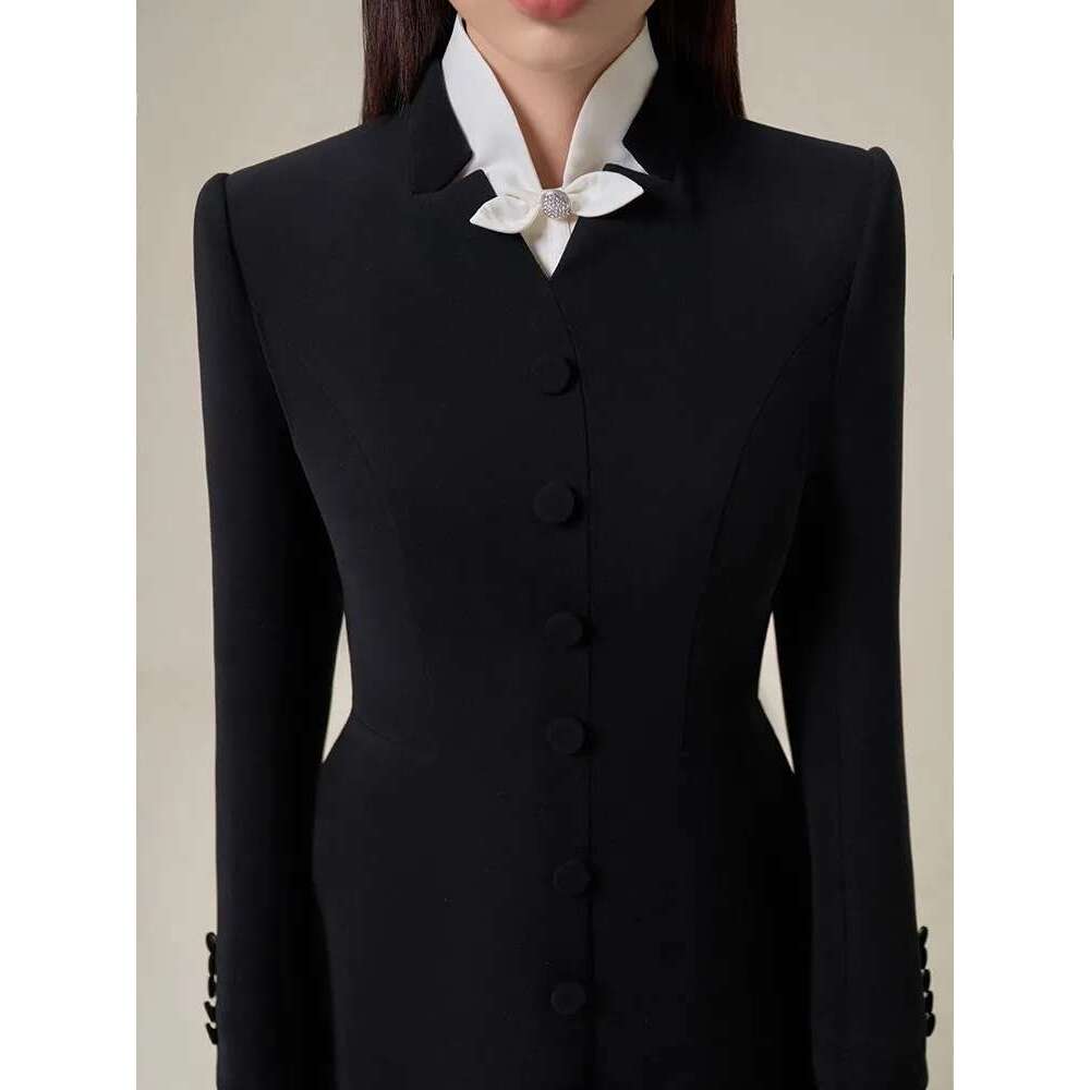 Hit Color Patchwork Bowknot Slimming Dress For Women Stand Collar Long Sleeve High Waist Temperament Dresses Female Fashion