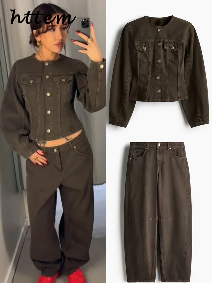 Street Denim Jacket Pants Sets Women Slim Crop O-neck Single Breasted Coat Pocket Zipped Pants 2025 Spring Lady Fashion Outfits 250210