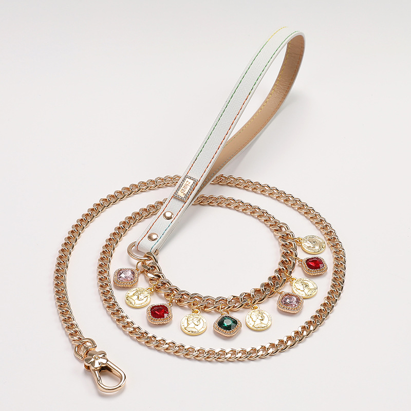 Luxury Pet Collar Leash Set - Premium Leather Gold Chain Design with 13 Multi-Color Crystal Pendants, Stylish Dog/Cat Walking Accessories (3+10 Dangli