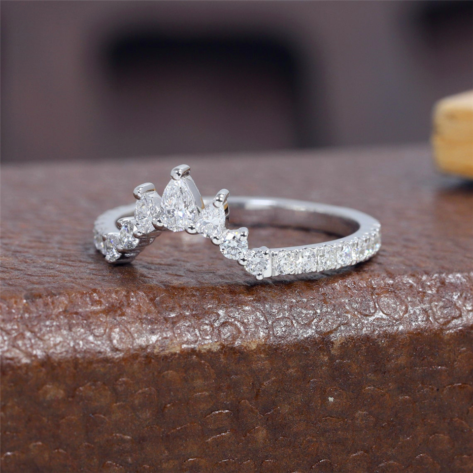 18K Solid White Gold Pear Round Diamond Curved Half Eternity Band Lab Grown Diamond HPHT CVD Wedding Band Bridal 14K Gold Set Matching Wedding Band Gi