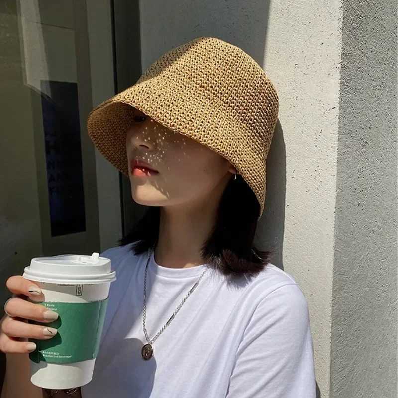 Beach Korean Straw Hat Summer Women Visor Bucket Hat Fisherman Hat Hand Weaving Panama Girl Fishing Chapeau Sun Hats for Women W250217