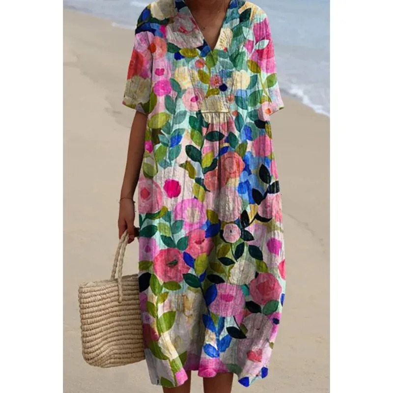 Womens floral print summer mini dress color V-neck short sleeved casual loose vacation exercise beach wear dress robe Traf 250213