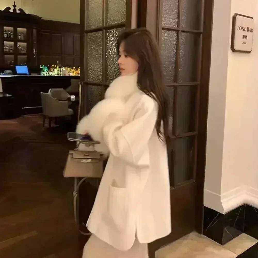 2024 Autumn Winter New Fox Fur Collar Jacket Female Woolen Small Double-sided Cashmere Coat Women