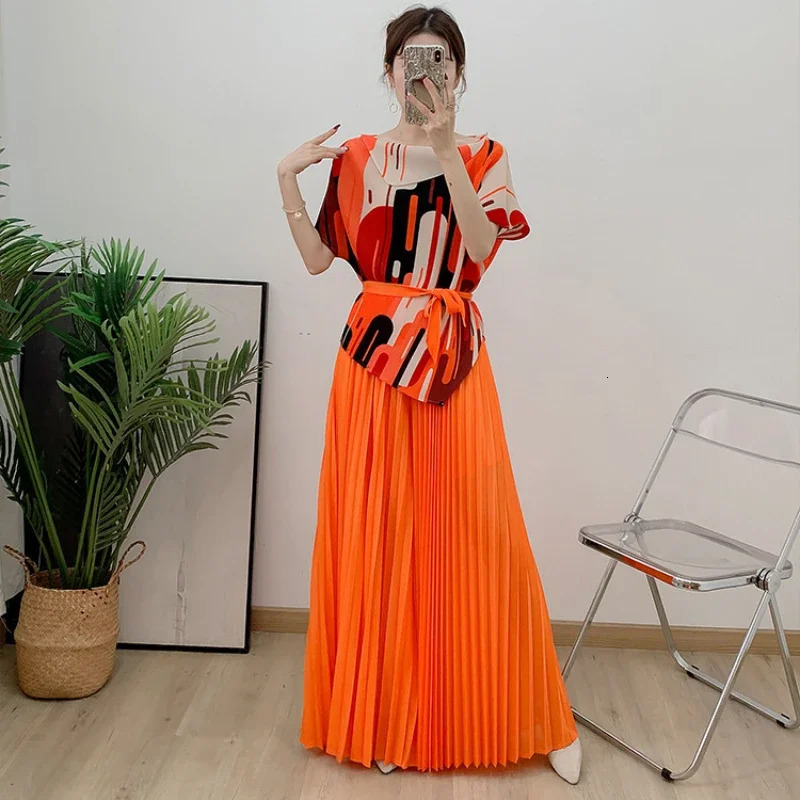 Printed Miyake Pleated Pant Sets Women Contrast Color Tops Wide Leg Trousers Elegant Two Piece Sets 2025 2AN5903 250210