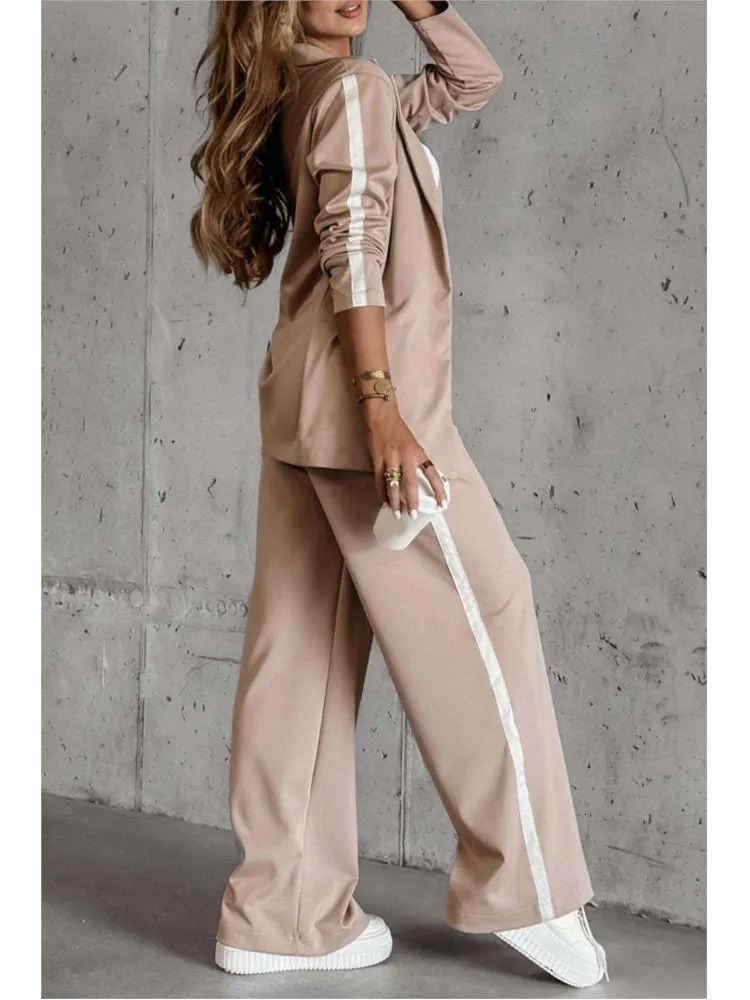 Autumn Winter Womens Casual Lapel Suit Fashion Splicing Stripes Wide Leg Pant 2025 Female Suit Elegant Office Two-piece Set 250210