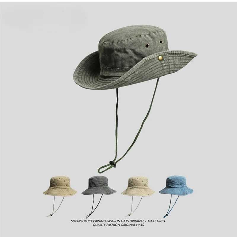 2025 Blue Cowboy Hiking Bucket Hats with String Men Denim Beach Sun Hat for Women Outdoor Couple Bob Panama Summer Fisherman Cap W250217