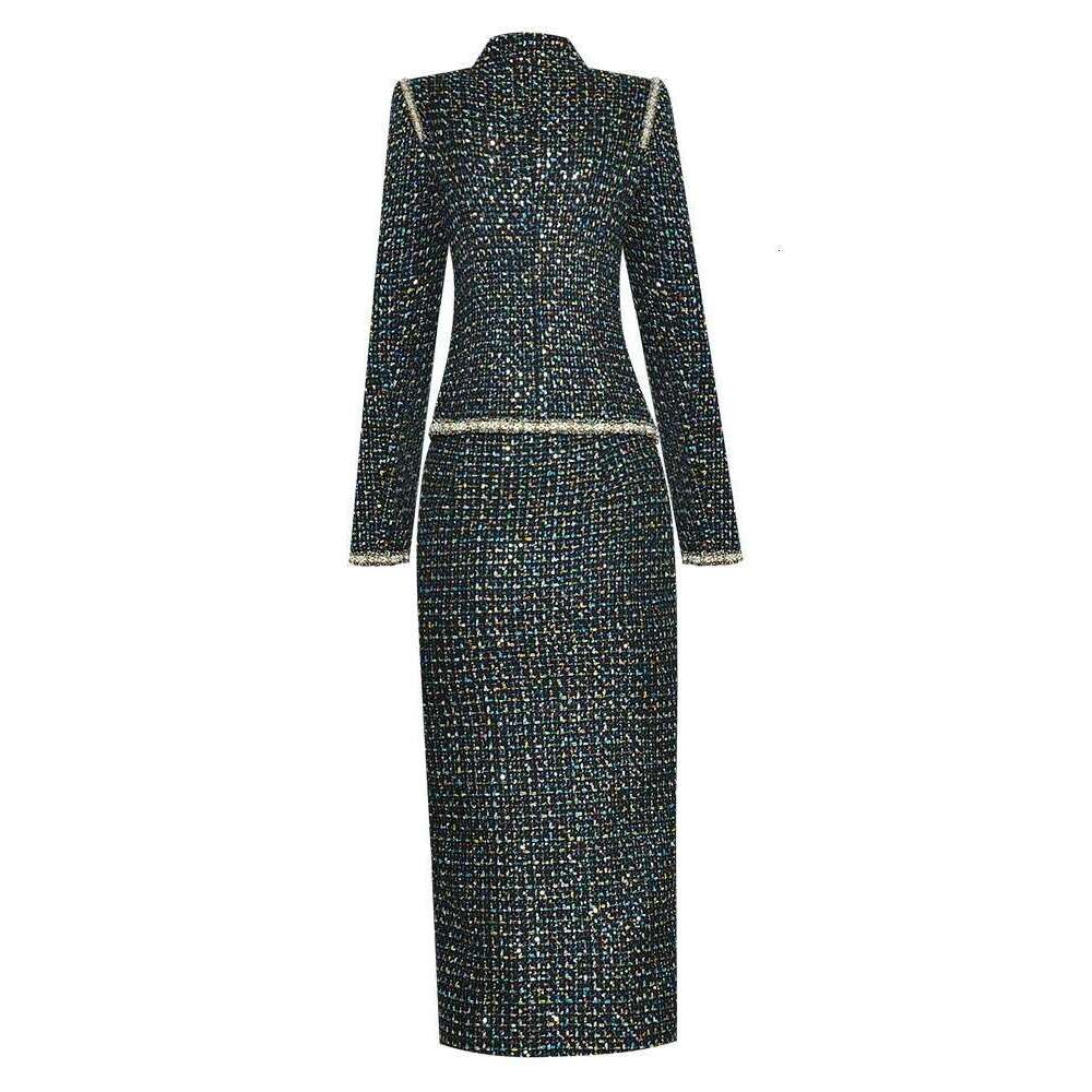 Women's Tweed 2 Pcs Set Stand Up Collar Bow Slim Top Jacket Split Skirts Sets 2025 Spring New Female Clothing