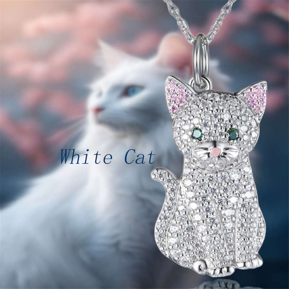 Temu Hot Selg Cute White Cat Pendant Exquisite Pink Eared Kitten Cartoon Necklace Birthday Gift Jewelry