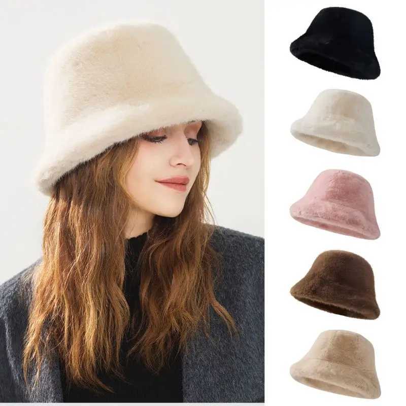 WHITE Faux Fur Fisherman Hats Antumn Winter Thickened Warm Bucket Hat Lady Outdoor Soft Snow Fur Cap Solid Wide Brim Caps W250217