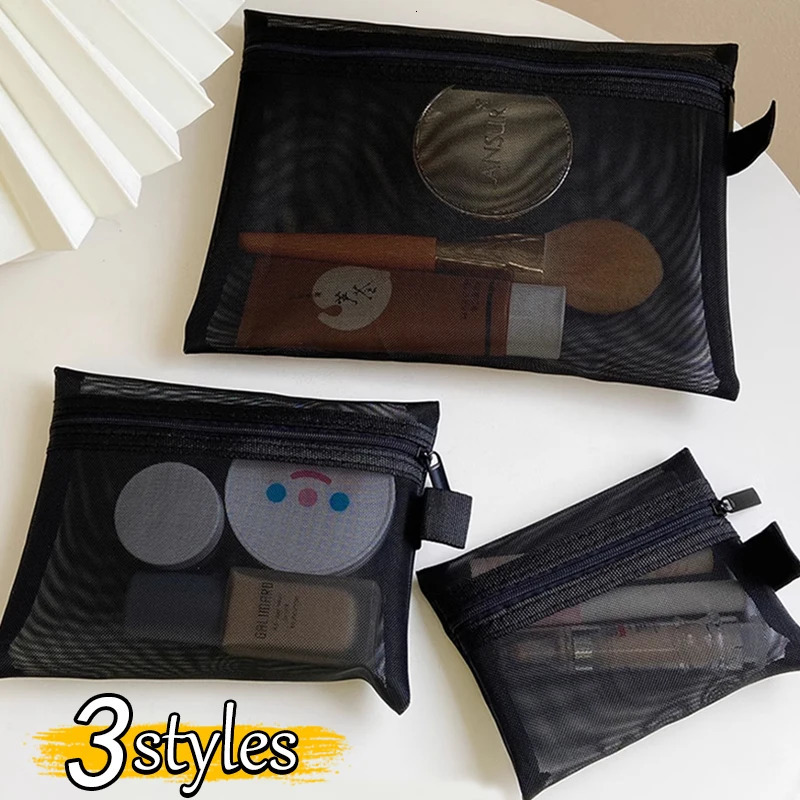 Portable mesh transparent makeup bag box womens travel zipper organizer 250213
