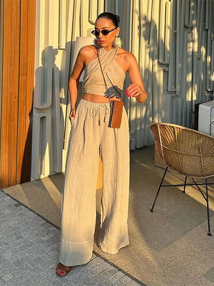 Flimsy Wide Leg Pants Sets Summer High Street Sexy Cotton Linen Trousers Suit for Women Fashion Halter Crop Top Ladies 250210