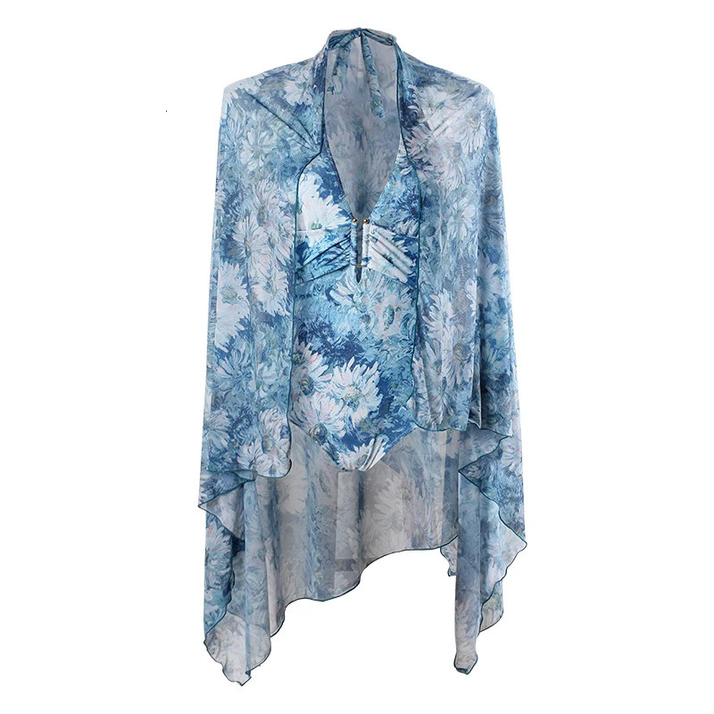 Woman One Piece Swimwear With Cover up blue floral Printed Tightfitting Body Suit Beach Wear Ladies Sexy Bathing 250213