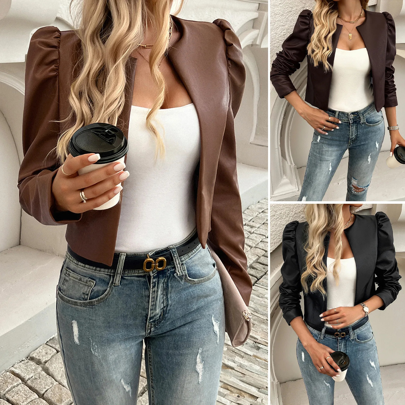 Autumn Womens Leather Jacket Female Casual Cardigan Solid Color Coats Ladys Puff Sleeve Clothing 250211