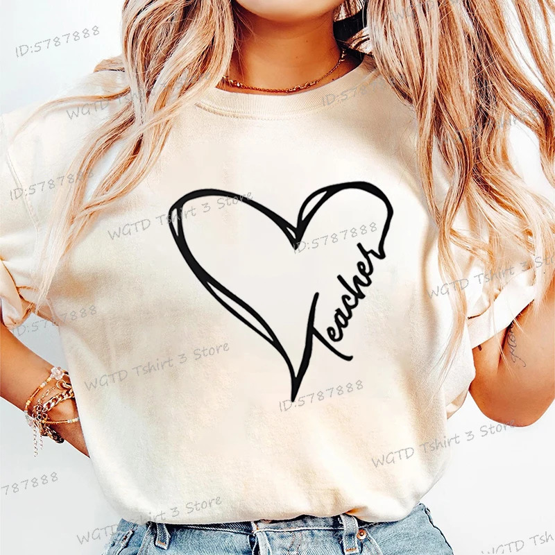 Teacher Heart Graphic T Shirts Women Gift for Teachers Crew Neck Casual Top Tees Teacher Life Fashion Short Sleeve T-shirt 250217