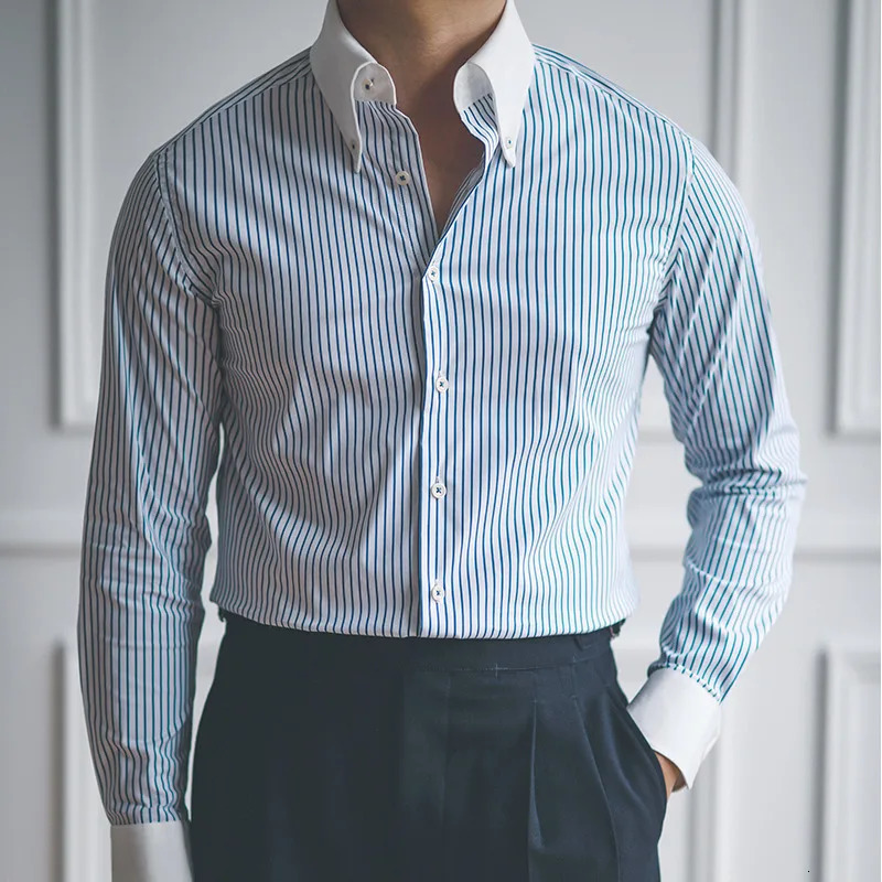 Casual Stripe Shirt Retro Shirt Dress Social Masculine Shirt Contrasting Color British Style Men Long Sleeve Striped Shirt 250214
