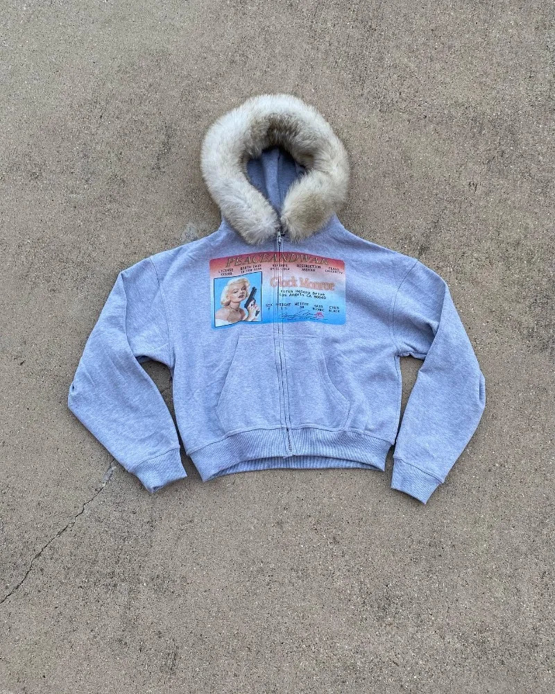 Street fashion winter personality print n zipper hoodie women Y2k Harajuku vintage fur collar warm loose jacket 250213