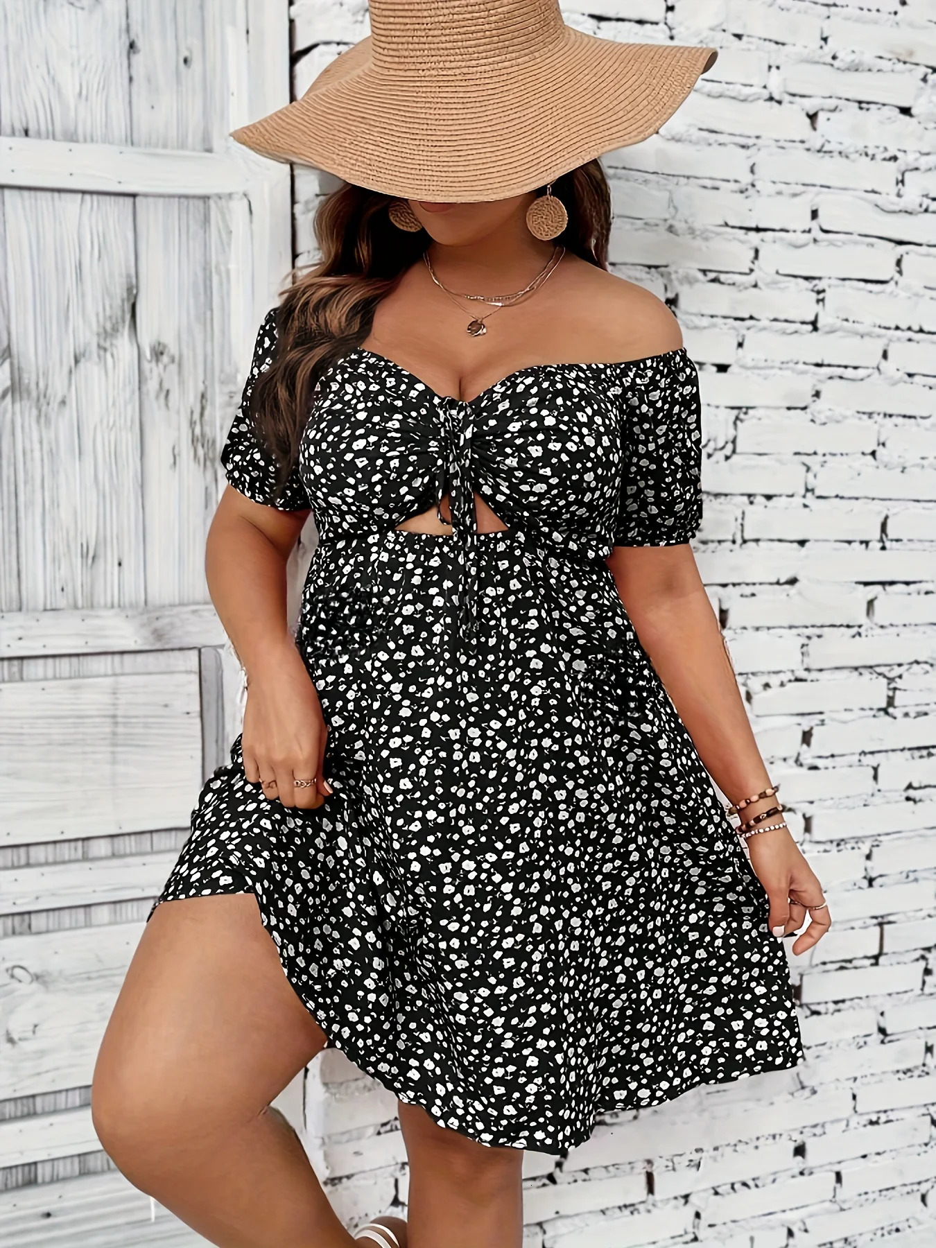 Plus Size Summer Women Elegant Floral Print Dress Casual Vacation Off the Shoulder Strapless Dresses 250214