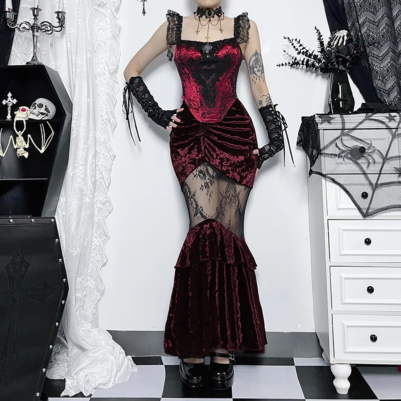 Womens Gothic Halfbody Skirt Sexy Seethrough Spice Girls Long Temperament Velvet Lace Splicing Half 250211