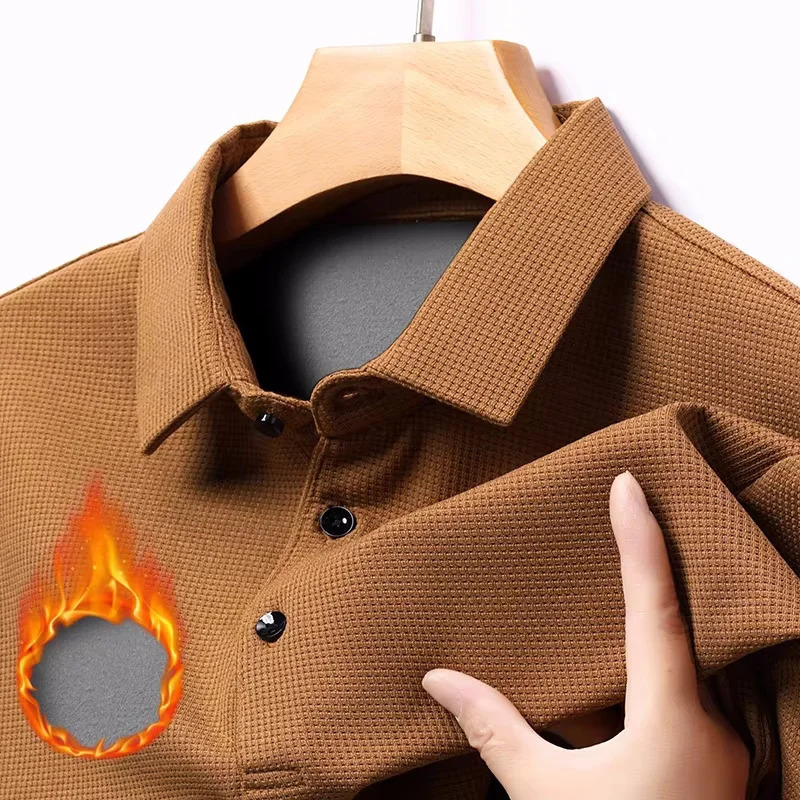 Waffle Fleece Thicken Fashion Polo Shirt Men Winter Warm Plush Business TShirt Tops Casual Button Lapel Long Sleeve Shirts 250213