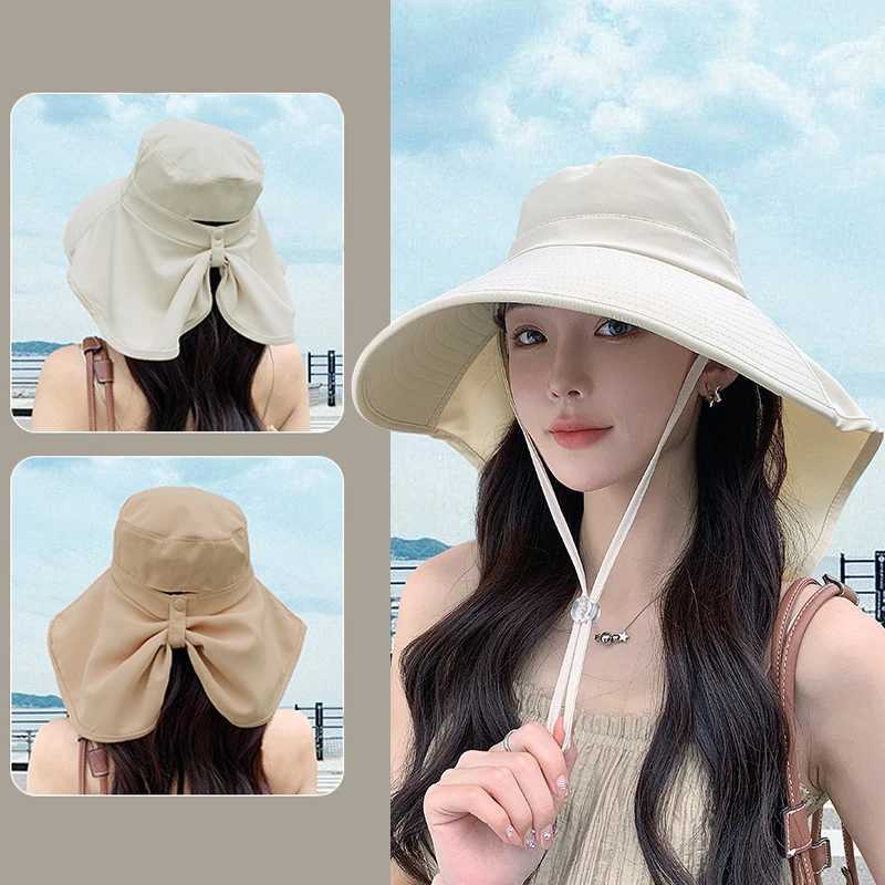 Large Brim Shawl Bucket Hat for Women Korean Versatile Foldable Fisherman Cap Outdoor Sunscreen Visors Vacation Beach Summer Hat W250217