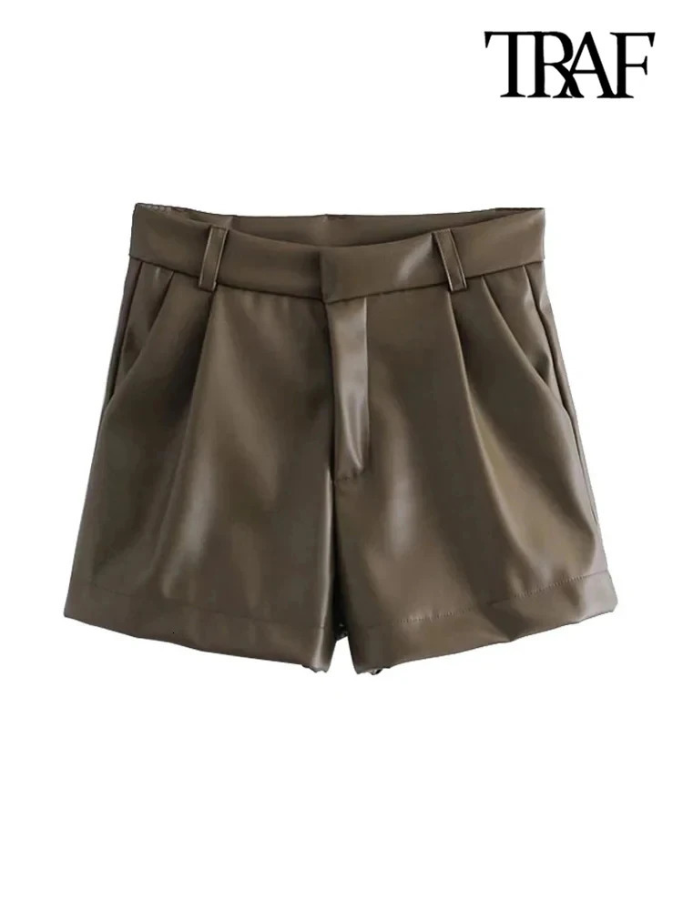 TRAFWomens Faux Leather Shorts with Side Pockets High Waist Zipper Fly Female Short Pants Chic Fashion 250213