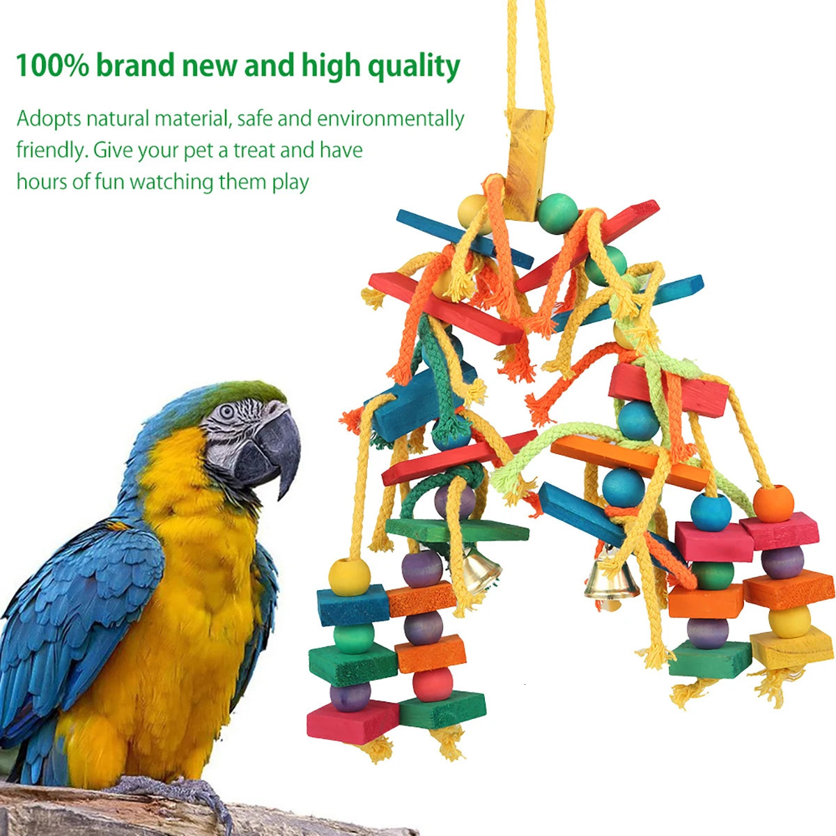 Safe Parrot Chew Toy with Hook Colorful Wooden Beads Ropes Natural Blocks Tearing Toys for Small Medium Birds Mini Macaw 250206
