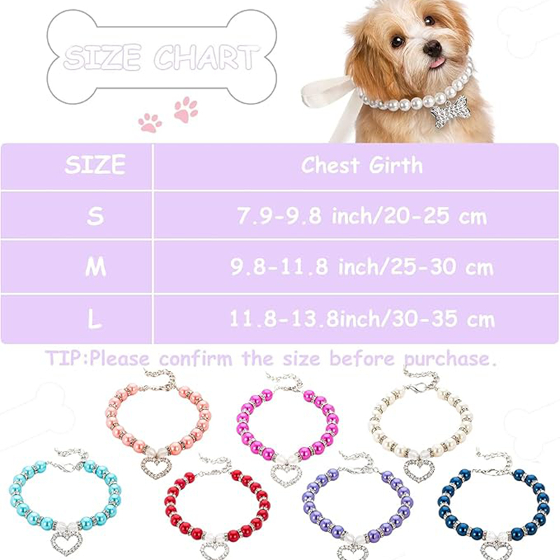 Blue Dog Pearl Necklace Collar with Crystal Rhinestone Heart Pendants,Fancy Cat Wedding Necklace Jewelry, Bling Pet Collar Birthday Gift for Small Med
