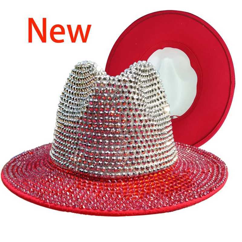 Red Rhinestone Cowboy Hat New Fedora Hat Panama New Womens Splicing Jazz Hat Party Stage Performance Female Hat X250217