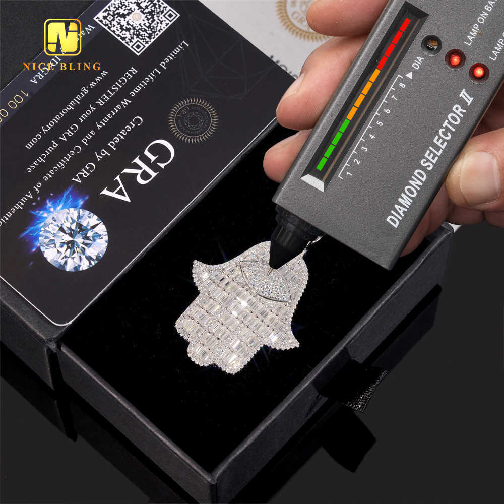 Hamsa Hand Pendant Custom Iced Out Cave Back Fine Hip Hop Jewelry Round Baguette 925 Silver VVS Moissanite Diamond Lucky Pendant