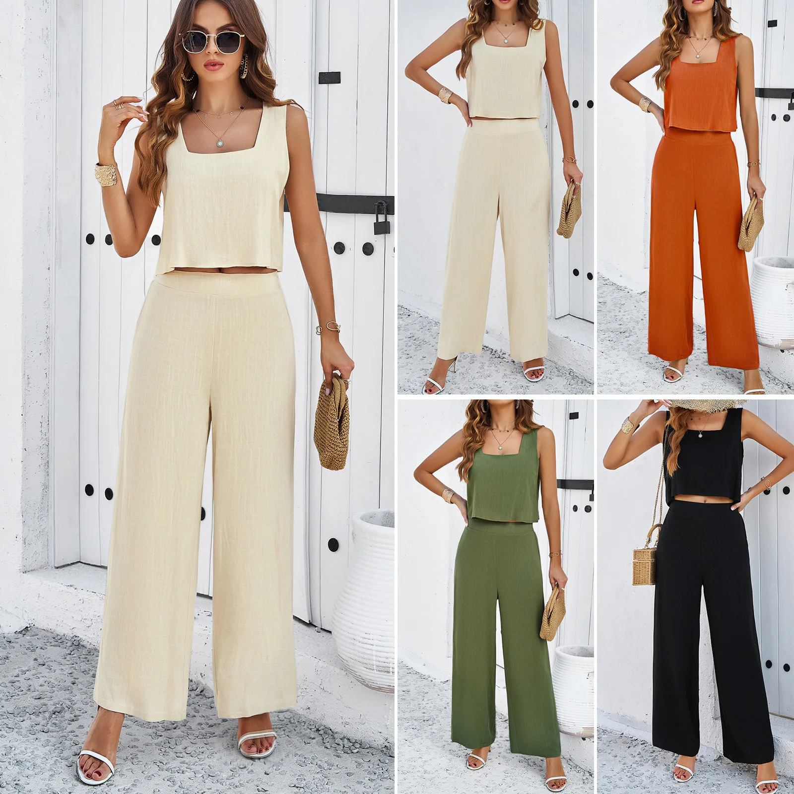2025 Summer Womens Set Two Pieces Solid Color Square Collar Ladys Sleeveless Tops Female Wide Leg Pants Womens Clothing Sales 250210