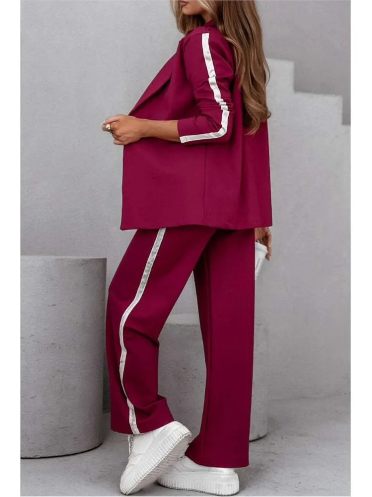 Autumn Winter Womens Casual Lapel Suit Fashion Splicing Stripes Wide Leg Pant 2025 Female Suit Elegant Office Two-piece Set 250210