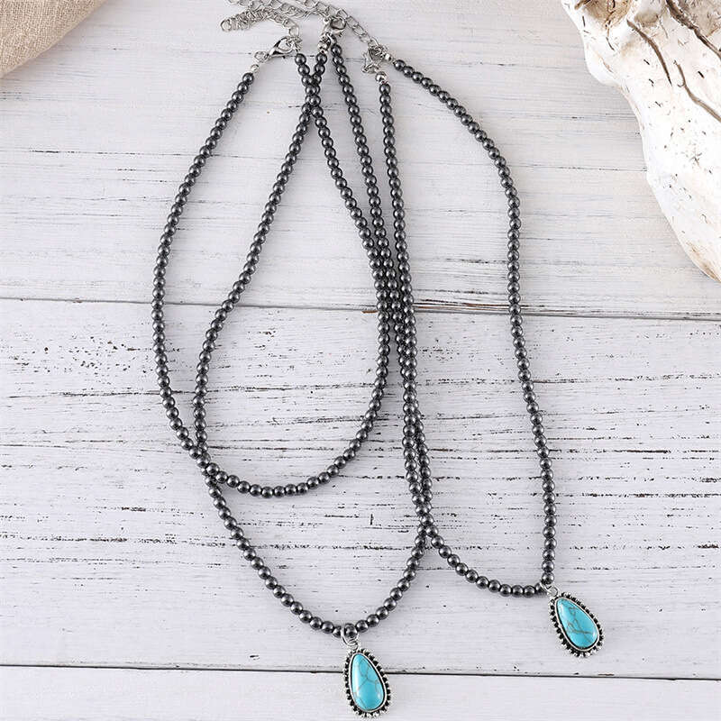 Bohemian ethnic style three-layer teardrop shaped turquoise black round bead necklace popular accessory