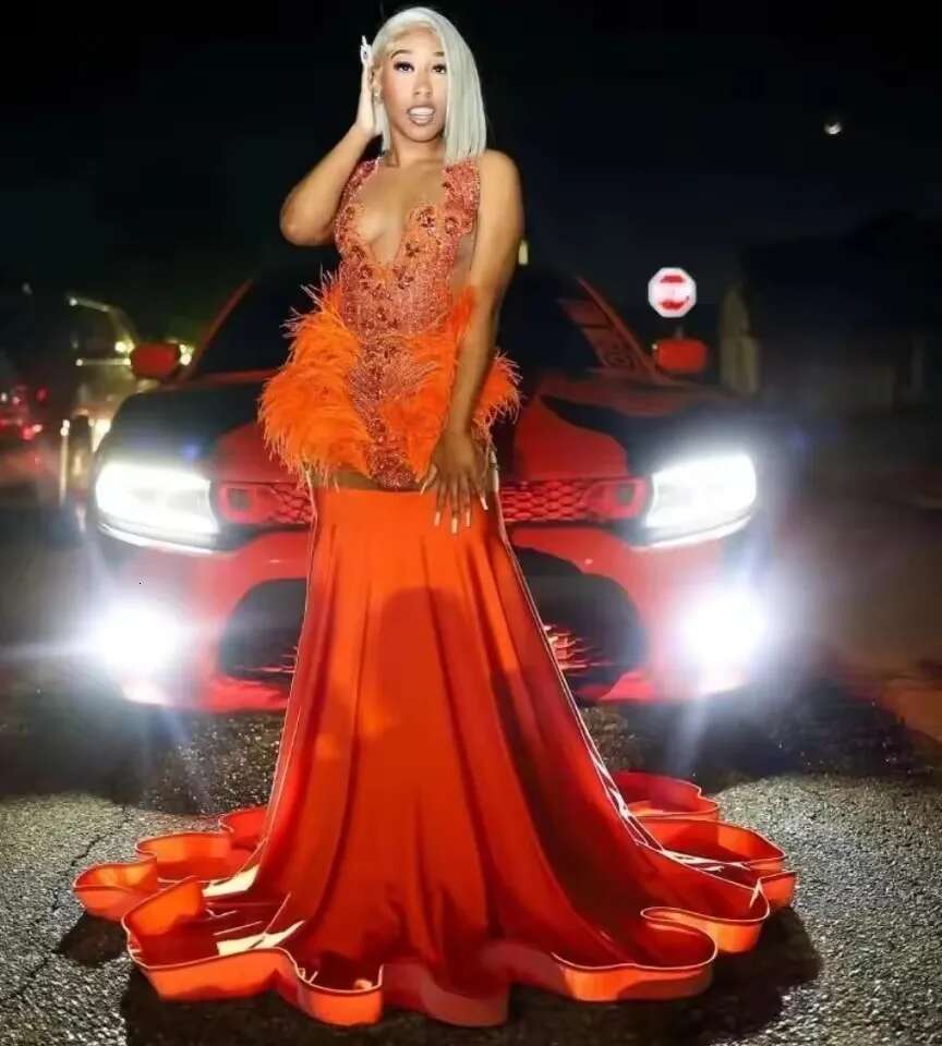 African American Long Prom Dresses For Black Girls Mermaid Sheer Feather Crystals Women Party Evening Gown Customized