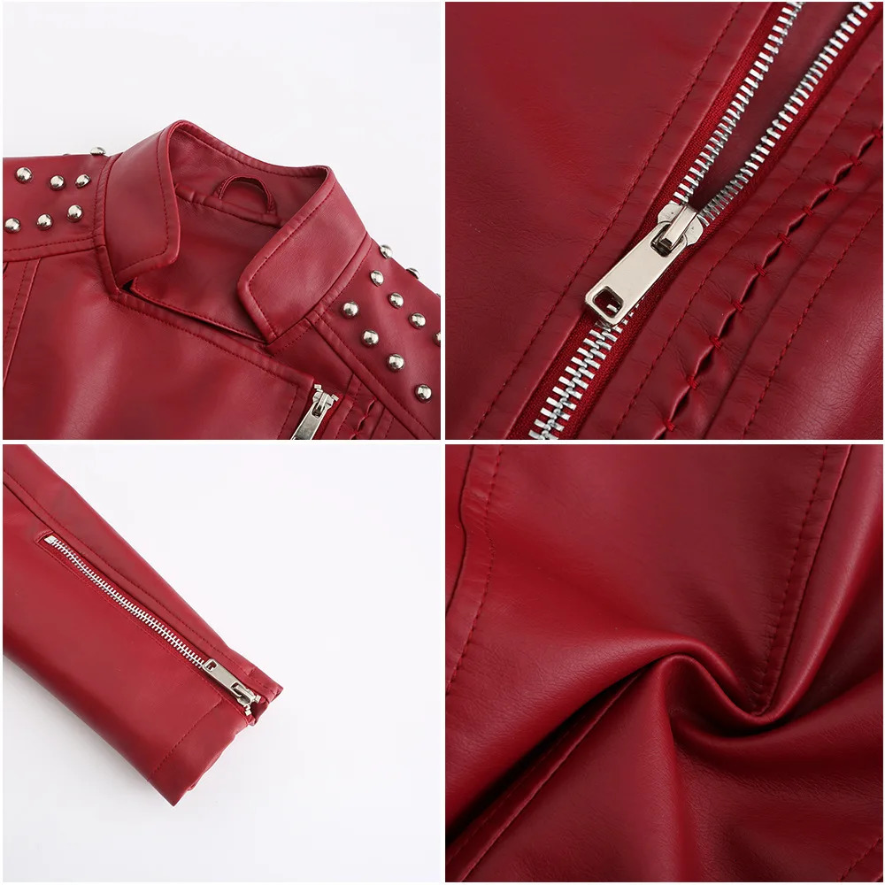 Womens Punk Rivet Leather Jacket Spring Autumn Retro Turndown Collar Slim Casual Ladies Faux Soft Moto Biker Outerwear 250211