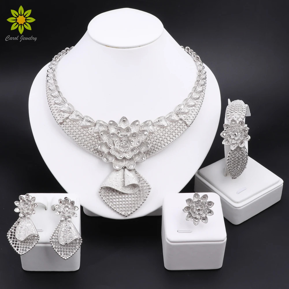 Silver Plated Jewelry Sets for Flower Shaped Women Necklace Earrings Bracelet Ring Women African Beads Indian Bridal Jewelry Set 250213