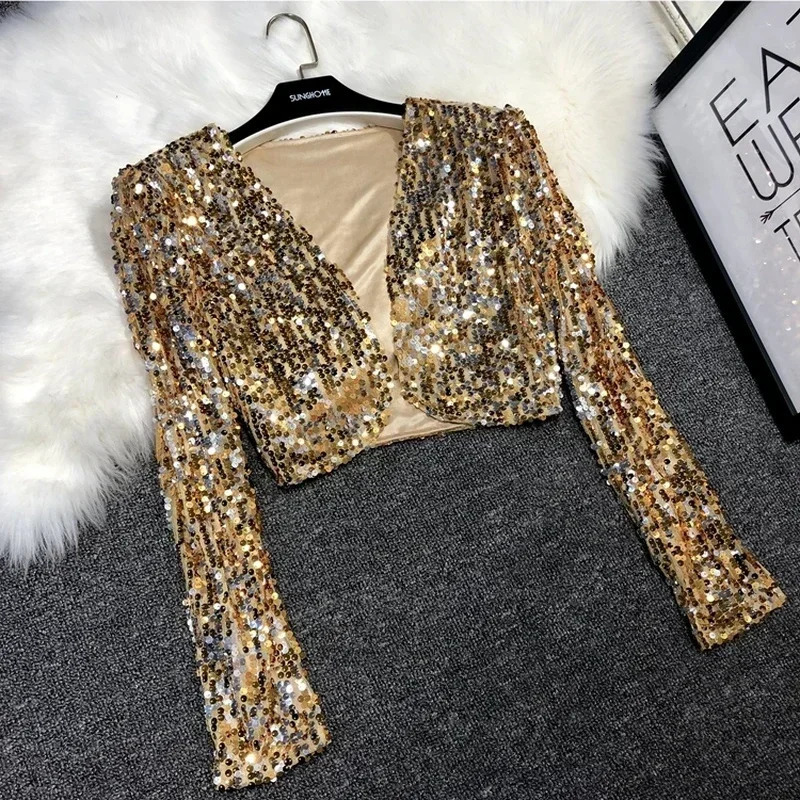 Street Fashion Joker Short Edition Sequins Small Suit Sparkling Bead Piece Suit Small Jacket Tank Top Jazz Dance Performance 250210