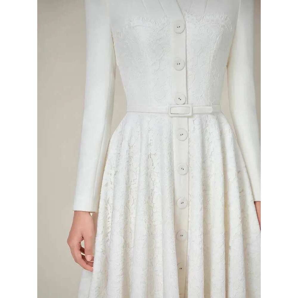 Solid Patchwork Belt Elegant Dress For Women V Neck Long Sleeve High Waist Spliced Button Temperament Dresses Female New