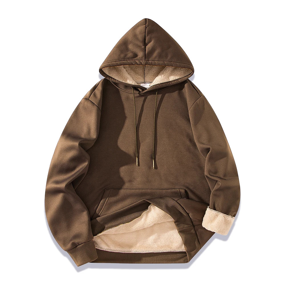 Autumn Winter Mens Fleece Lined Thermal Hoodie Sweatshirt Casual Loose Solid Color Top Round Neck Pullover Thicken 250214