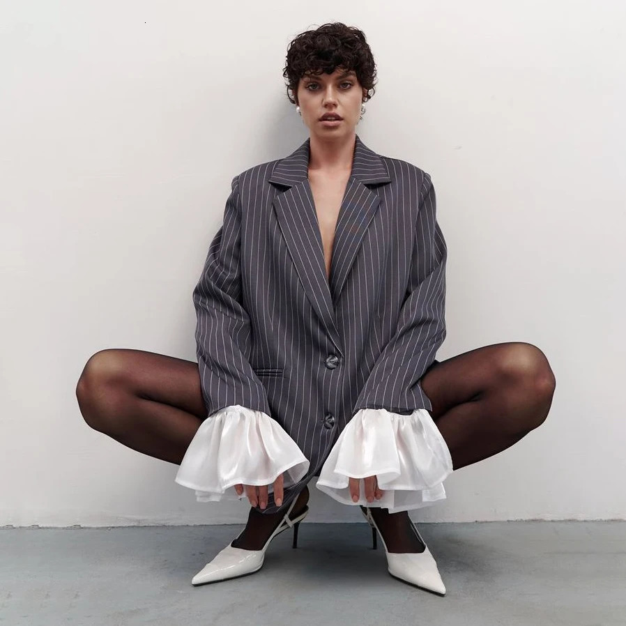 Winter Loose Burgundy Blazer Women Clothing Long Sleeve Striped Blazers Elegant Women Coat Causal Outerwears 250210